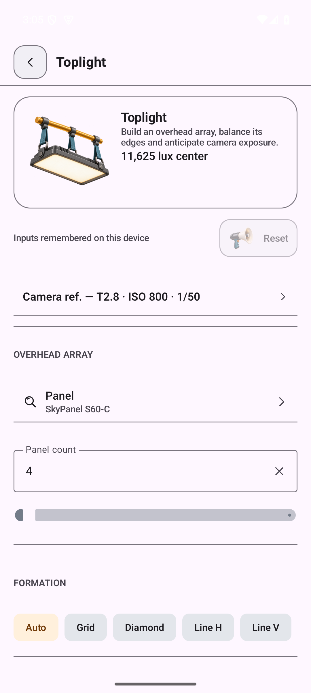 Toplight calculator on Android: an overhead array of four SkyPanel S60-C, 11,625 lux at center for T2.8, ISO 800 and 1/50, and panel formation options