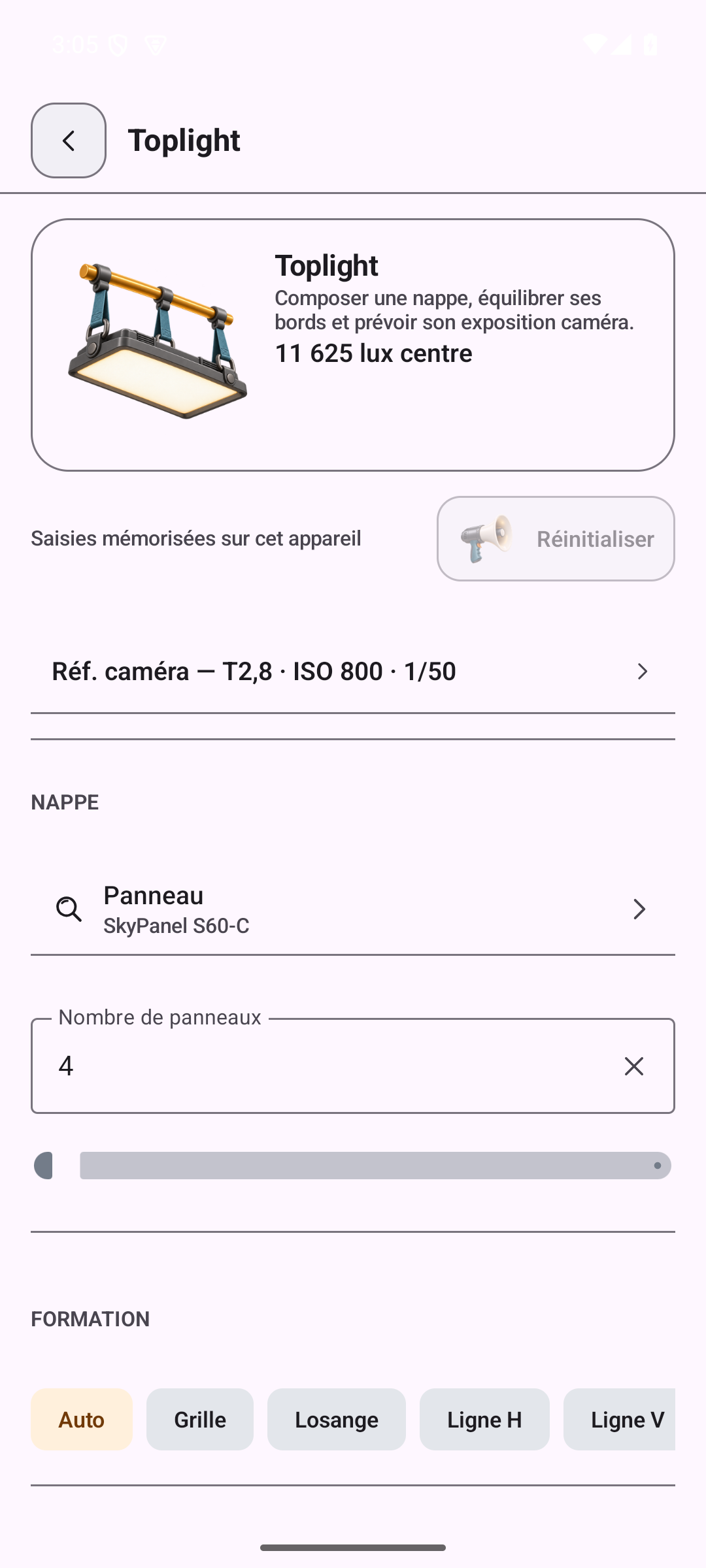 Calcul Toplight sur Android : nappe de quatre SkyPanel S60-C, 11 625 lux au centre pour T2,8, ISO 800 et 1/50, choix de la formation des panneaux