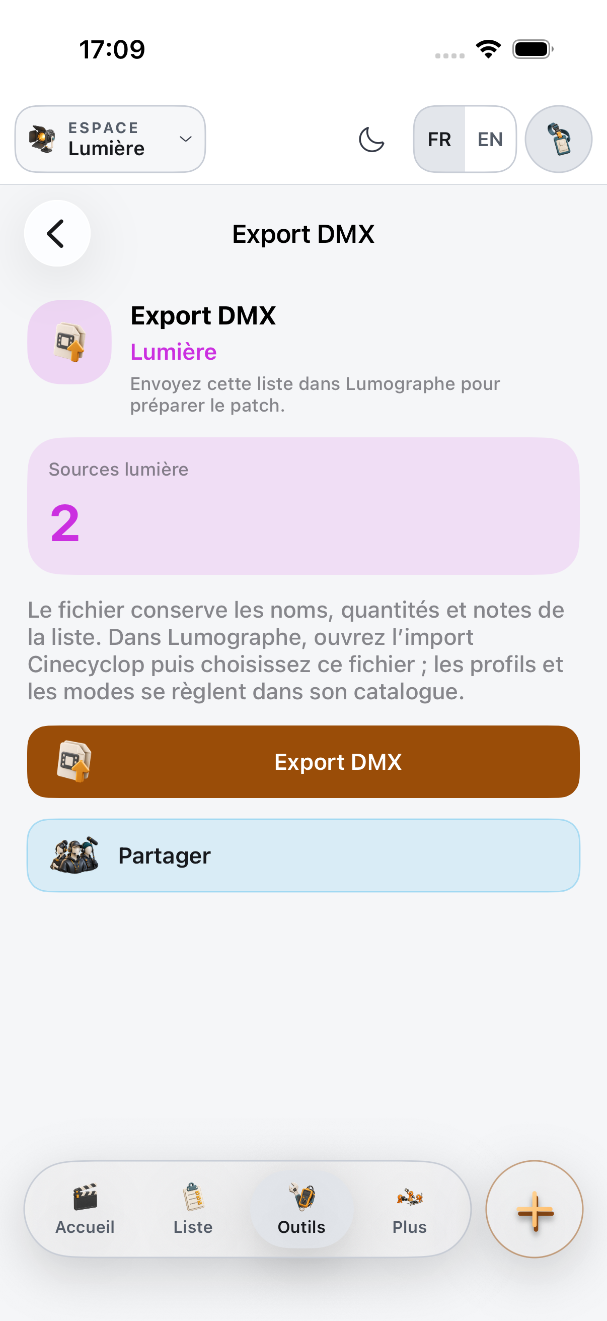 Écran Export DMX de l’app iOS : deux sources lumière prêtes à partir vers Lumographe pour préparer le patch