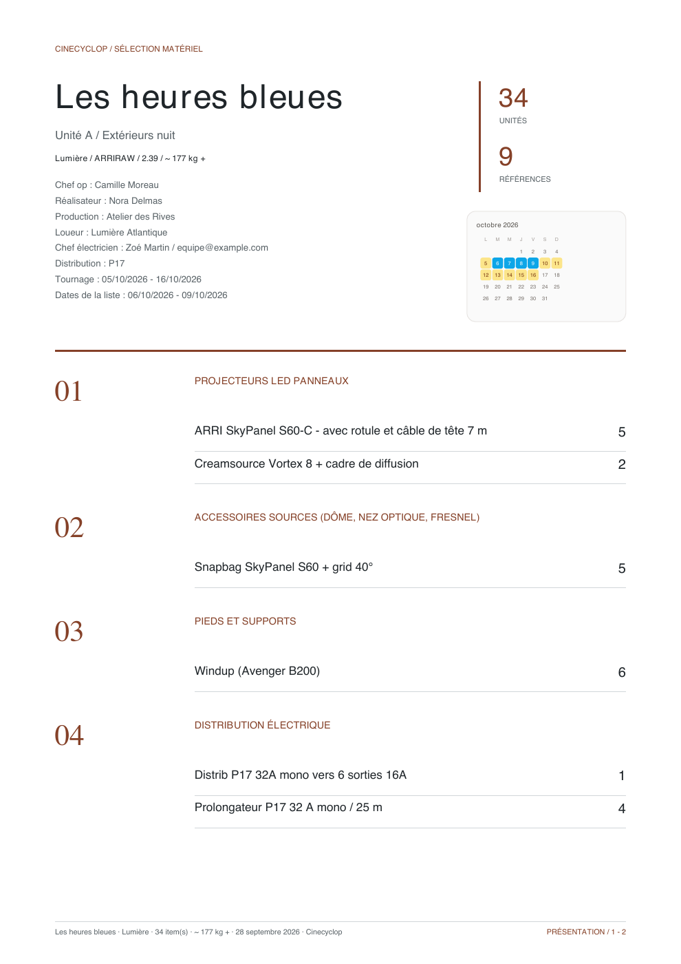 Première page d’un PDF loueur généré par Cinecyclop : en-tête du projet, équipe, calendrier de tournage et matériel lumière numéroté par catégorie avec les quantités