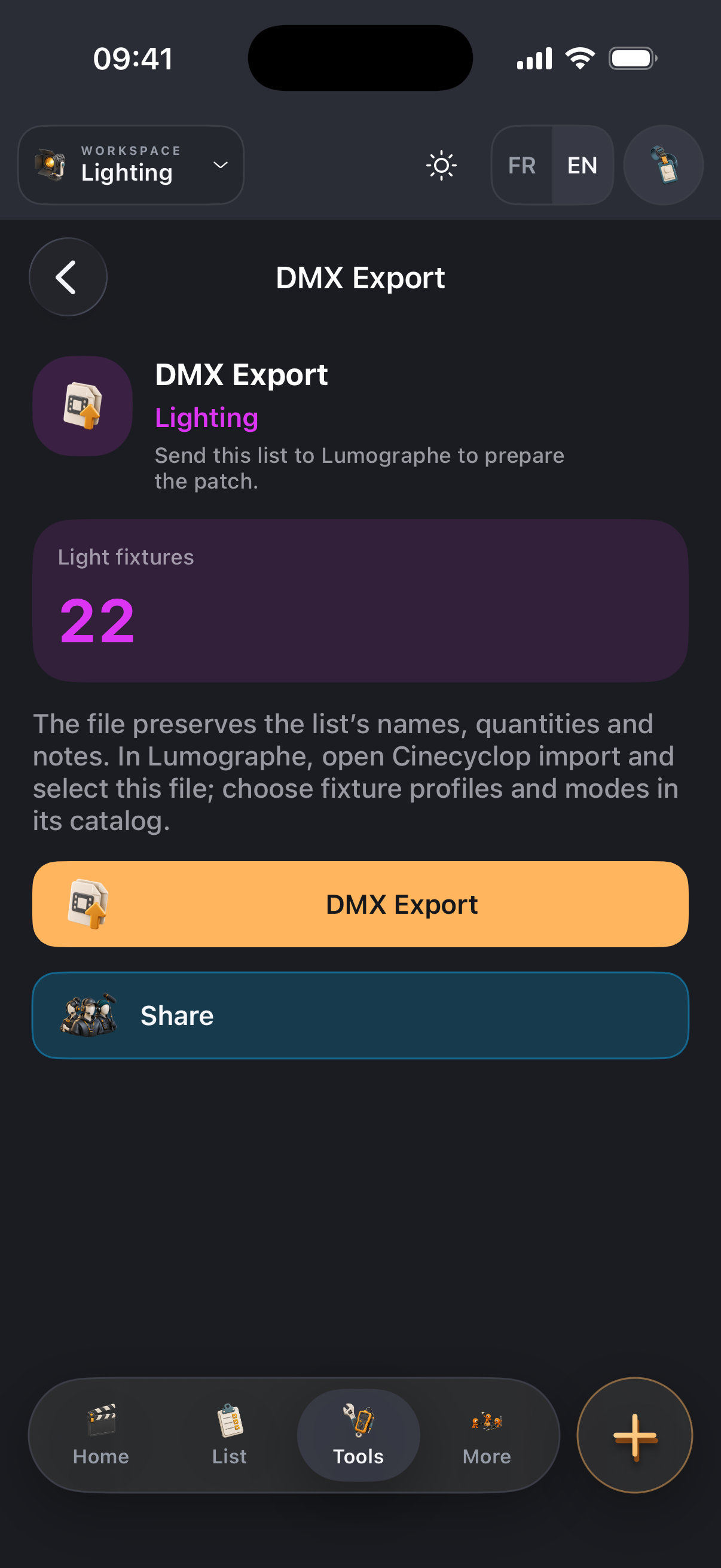DMX export screen in the iOS app: the lighting list ready to send to Lumographe to prepare the patch