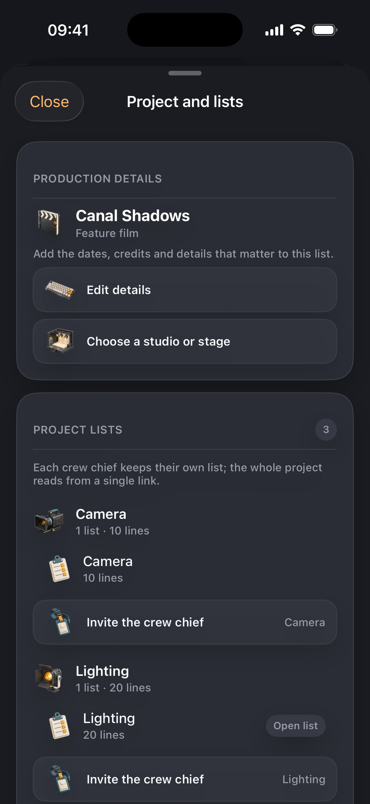 Project and lists screen on iOS: production details, one list per department (camera, lighting) and crew chief invitations