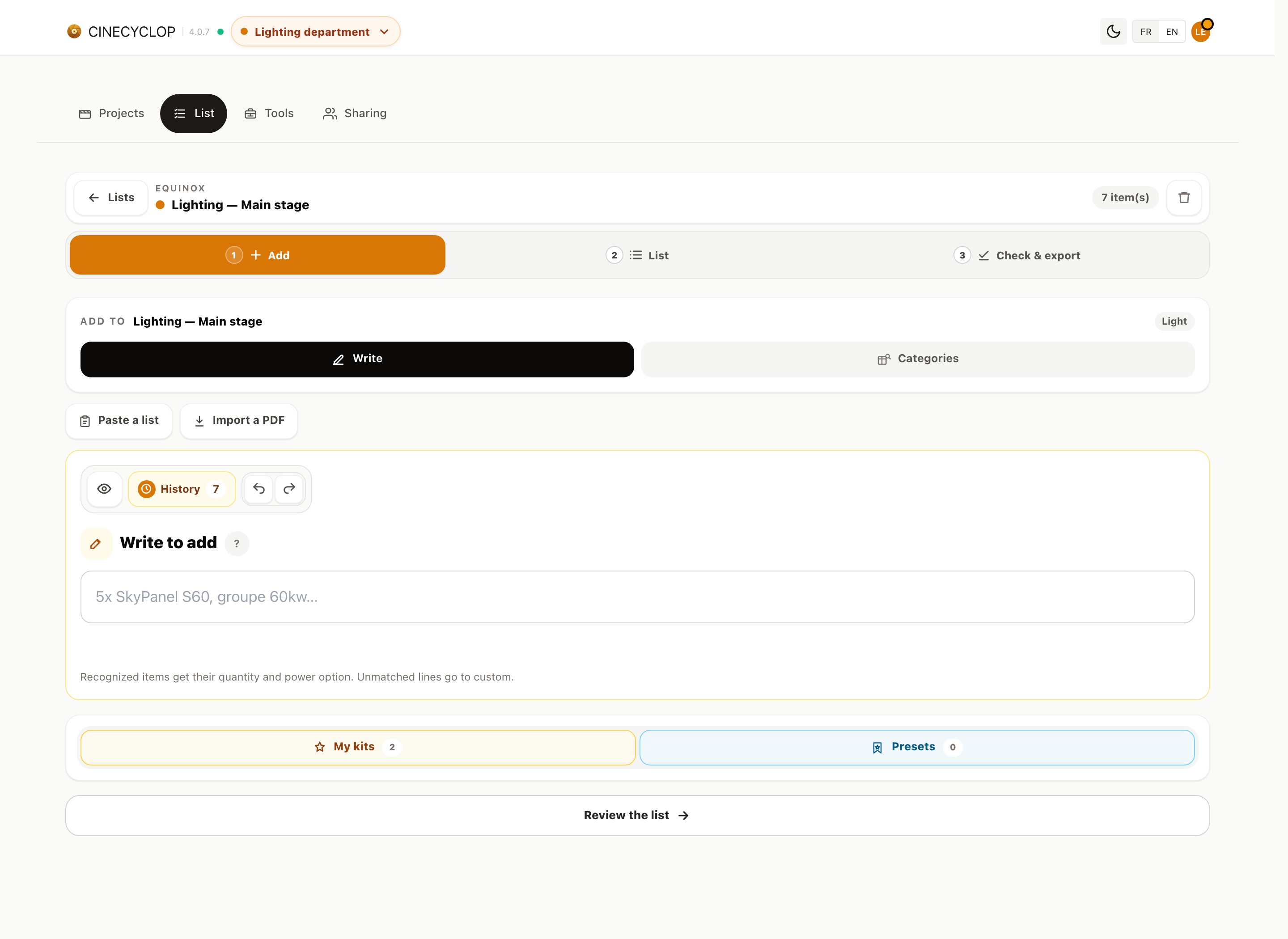 Cinecyclop screenshot while typing a lighting item with gear suggestions