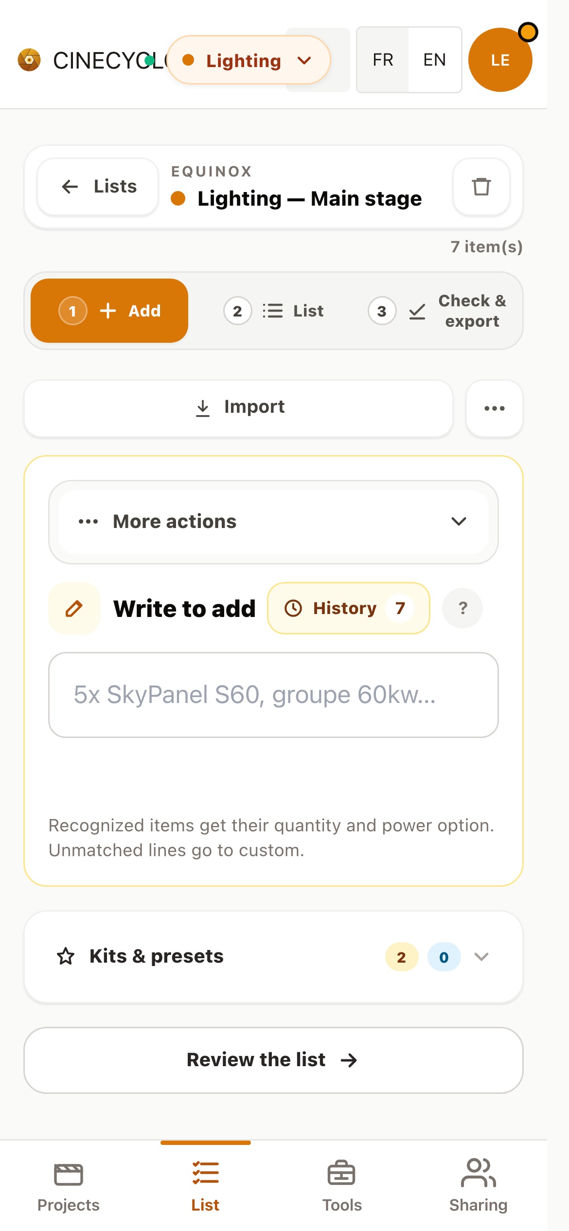 Cinecyclop on iPhone with lighting equipment list