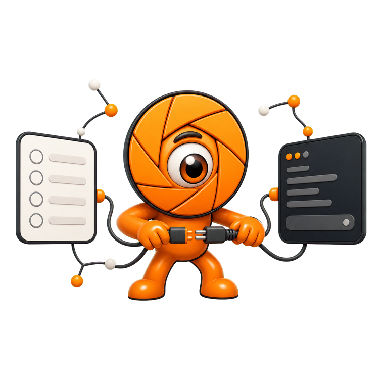 Mascotte Cinecyclop connectant une liste à un assistant IA