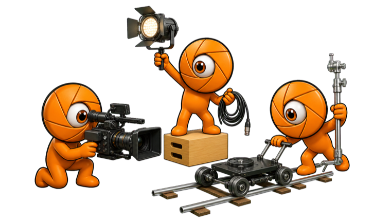 Les trois mascottes Cinecyclop représentent la caméra, la lumière et la machinerie