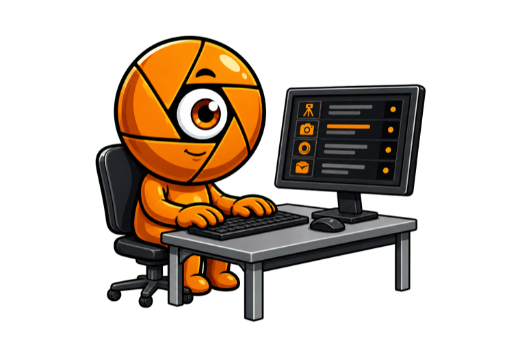 Mascotte Cinecyclop travaillant sur un ordinateur