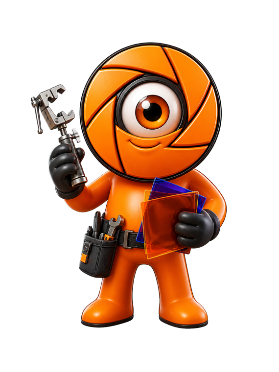 Mascotte Cinecyclop équipée comme un technicien de plateau