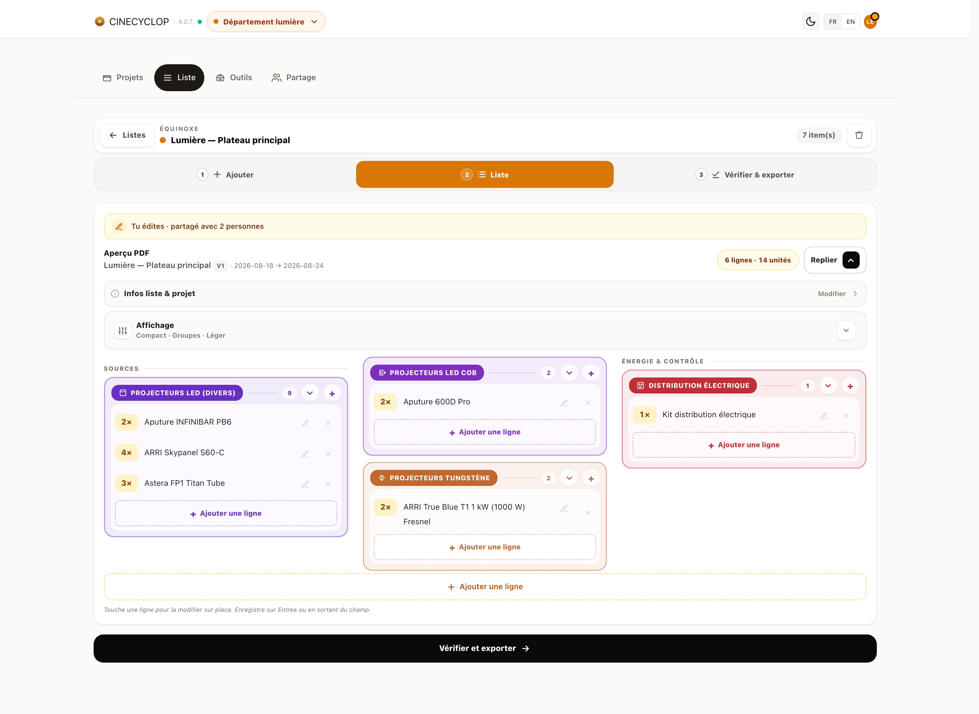 Cinecyclop sur ordinateur, liste lumière avec aperçu PDF