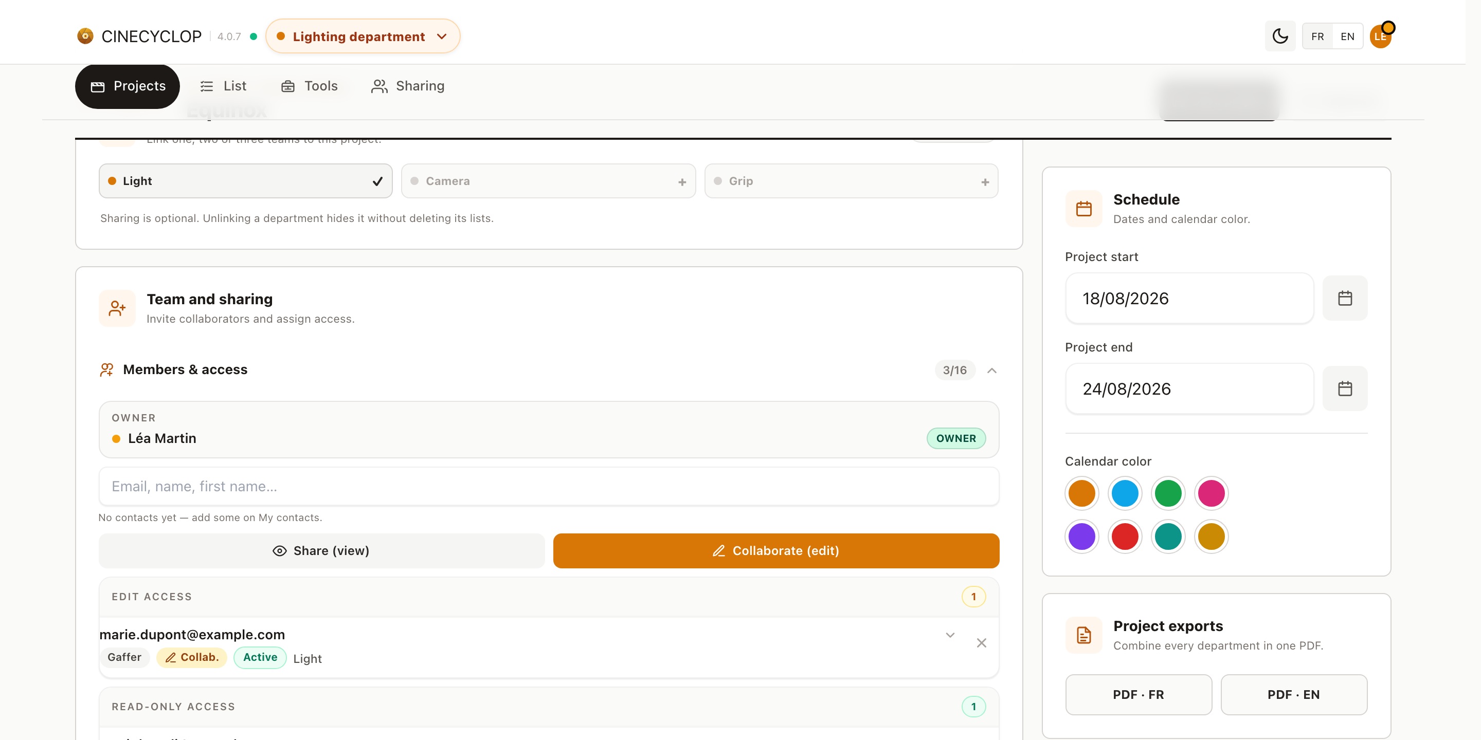 Cinecyclop sharing page with contacts, roles and project invitations