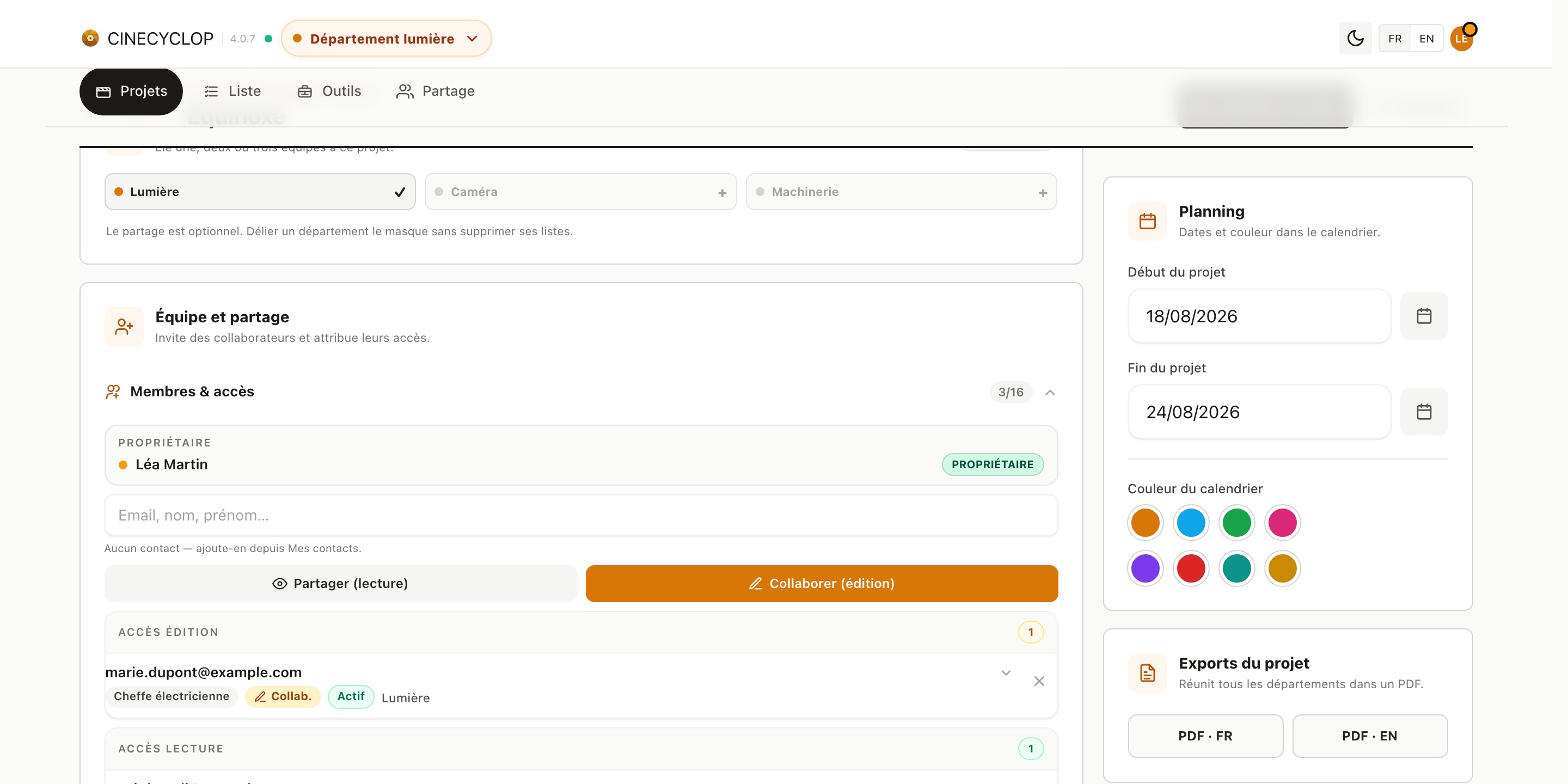 Page Partage Cinecyclop avec contacts, rôles et invitations projet